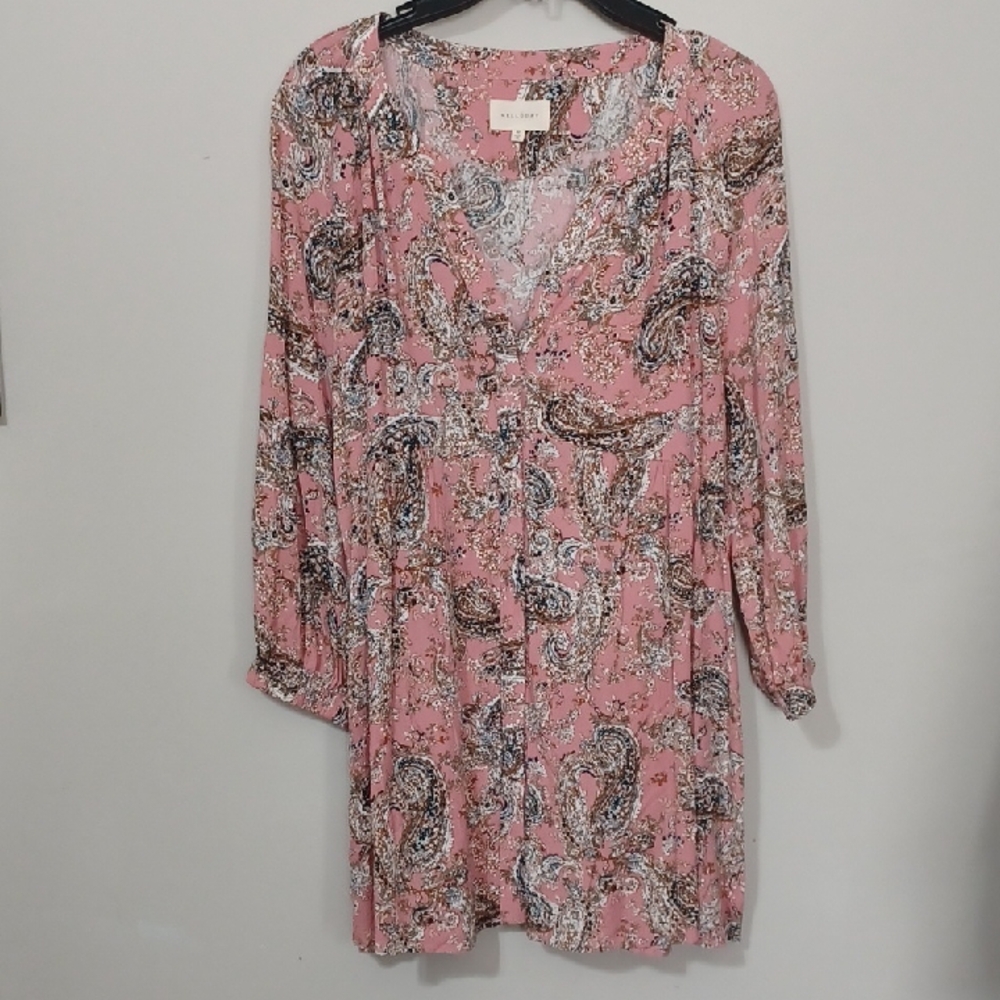 ANTHROPOLOGIE MELLODAY Pink V-Neck Mini Paisley Print Dress. NWOT. Size M